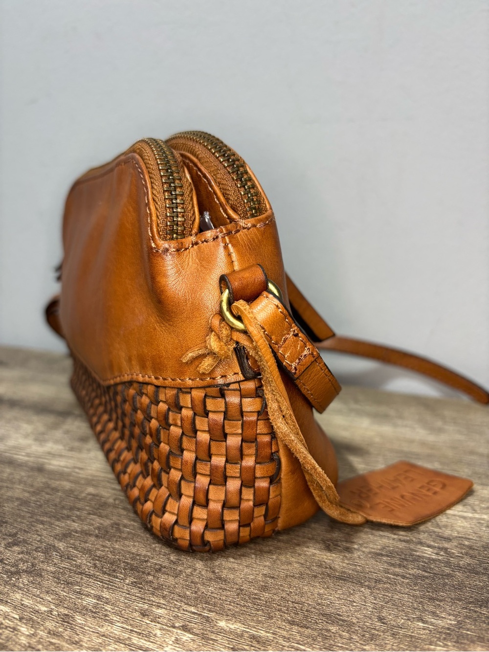 Woven Leather Crossbody Bag in Camel - Picture 8 of 12